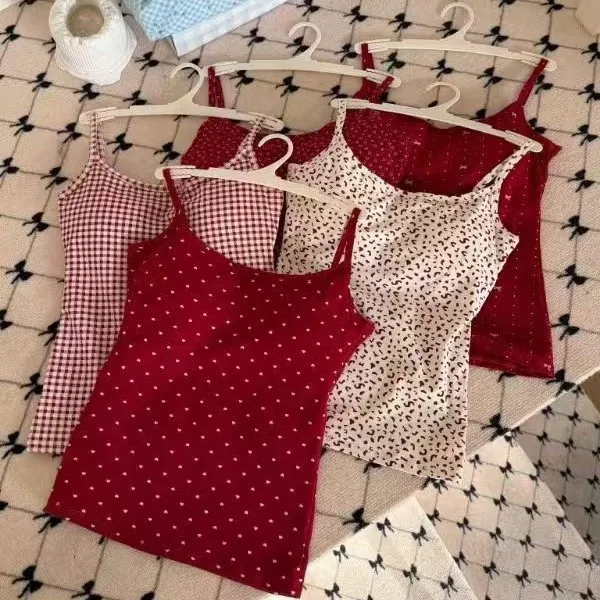 New Sexy Dopamine Print Red Birth Year Cami Top For Women Back Shaping Slim Fit With Chest Pads Versatile Outer Wear Top