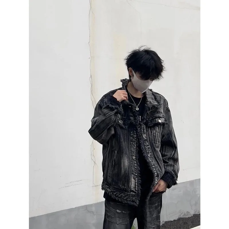 Irregular texture denim, men's and women's thick jacket, motorcycle jacket, school team jacket, men's Korean fashion