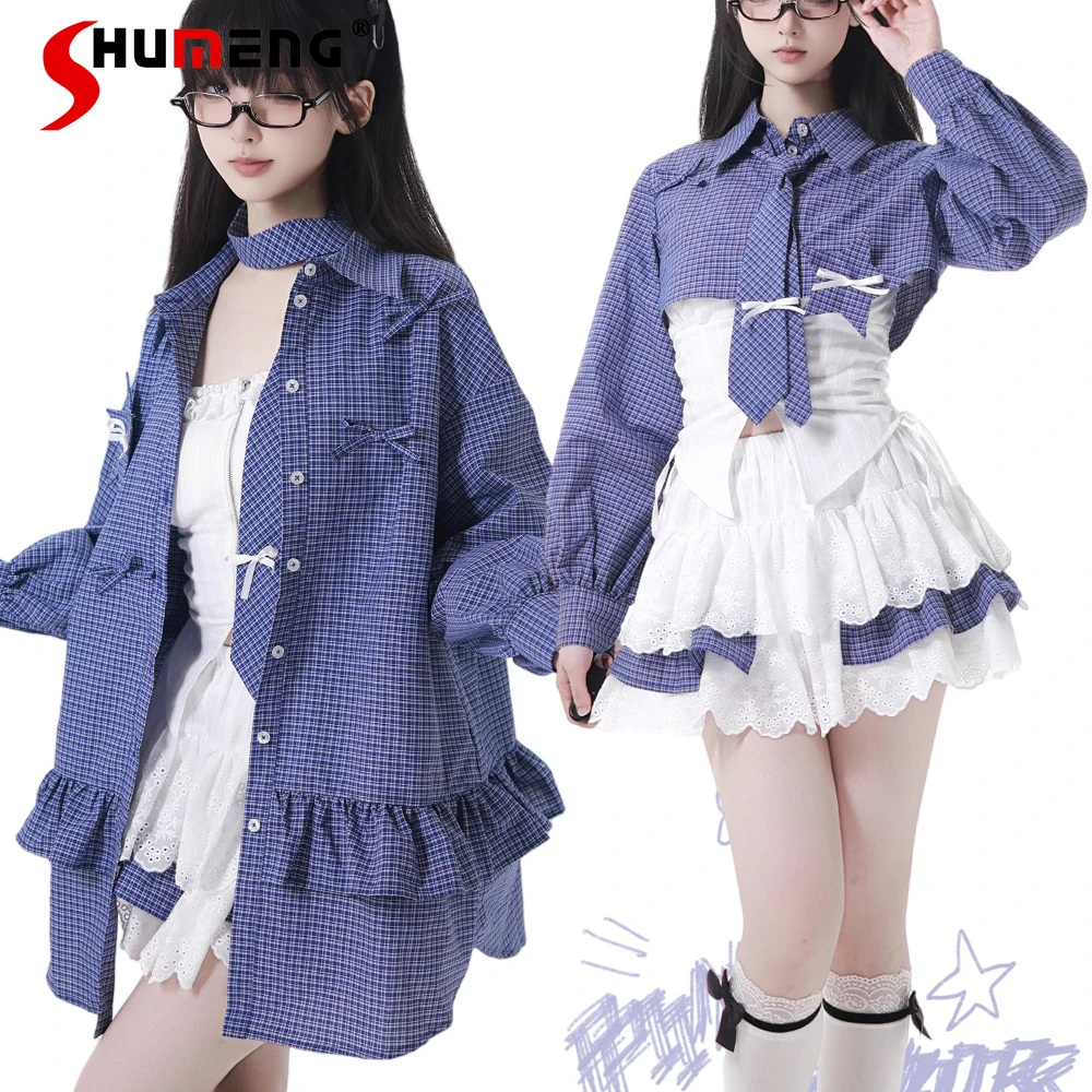

Fashion Highstreet Sweet Cool Preppy Style Polo Collar Bow Long Sleeve Single-Breasted Blouse Shirt Women High Waist Cake Skirt