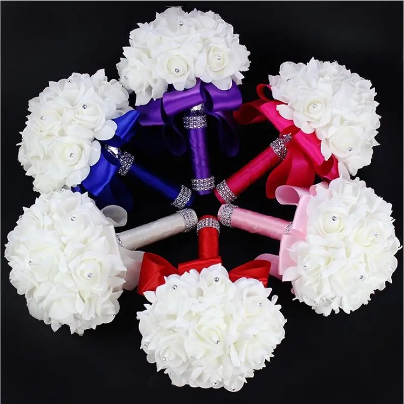 Super Deal~Brilliant CZ Diamond Decorated Clssic Cream Roses with Multi-color Ribbon Handle Wedding Throw Bouquet 1185