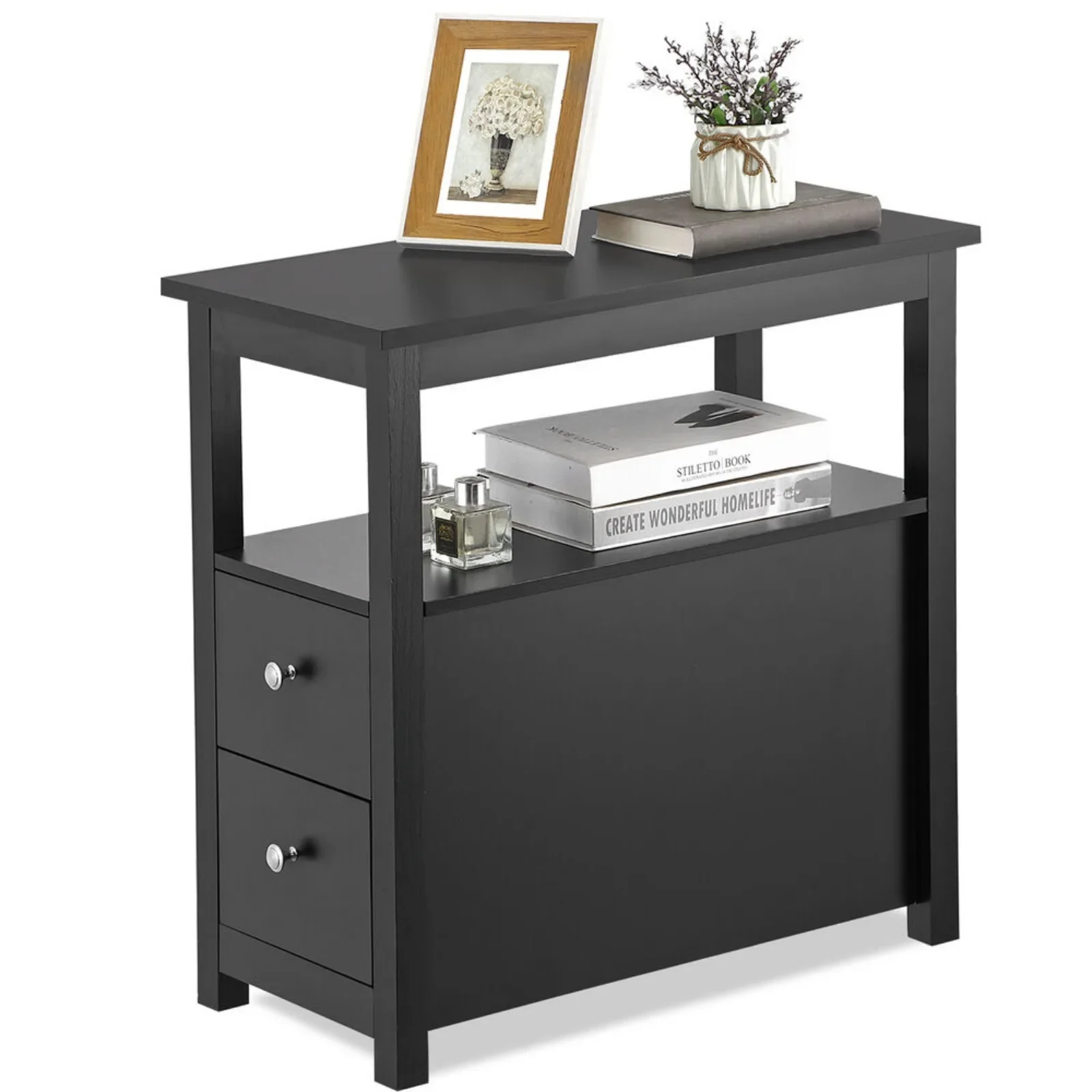 Narrow End Table w/2 Drawer & Open Shelf Sofa Side Table for Living Room 2 Color