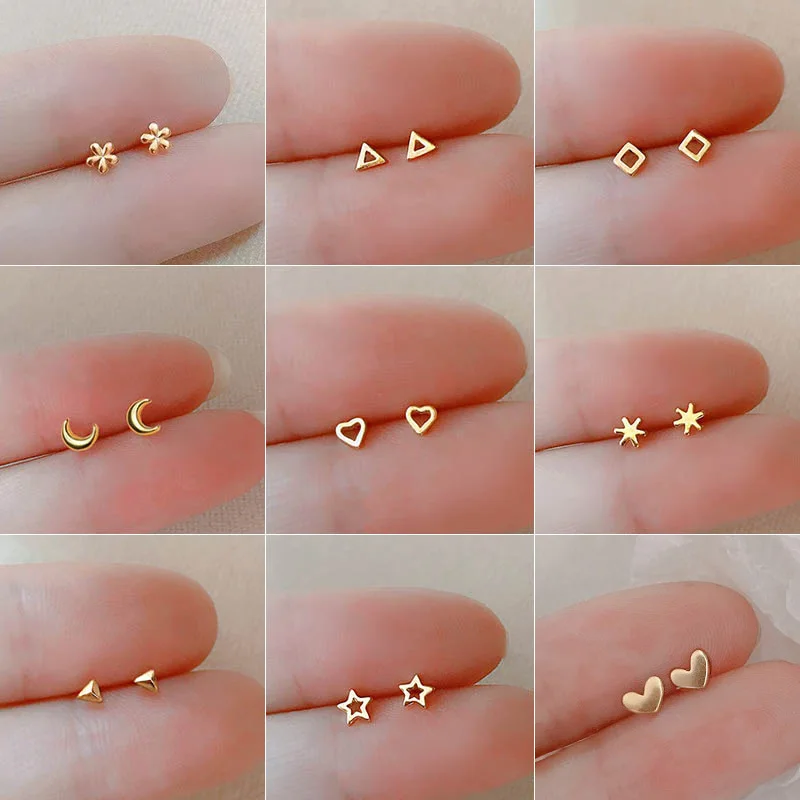 Pendientes pequeños minimalistas chapados en plata coreanos, Mini pendientes pequeños con forma de corazón y estrellas para mujeres, estudiantes y