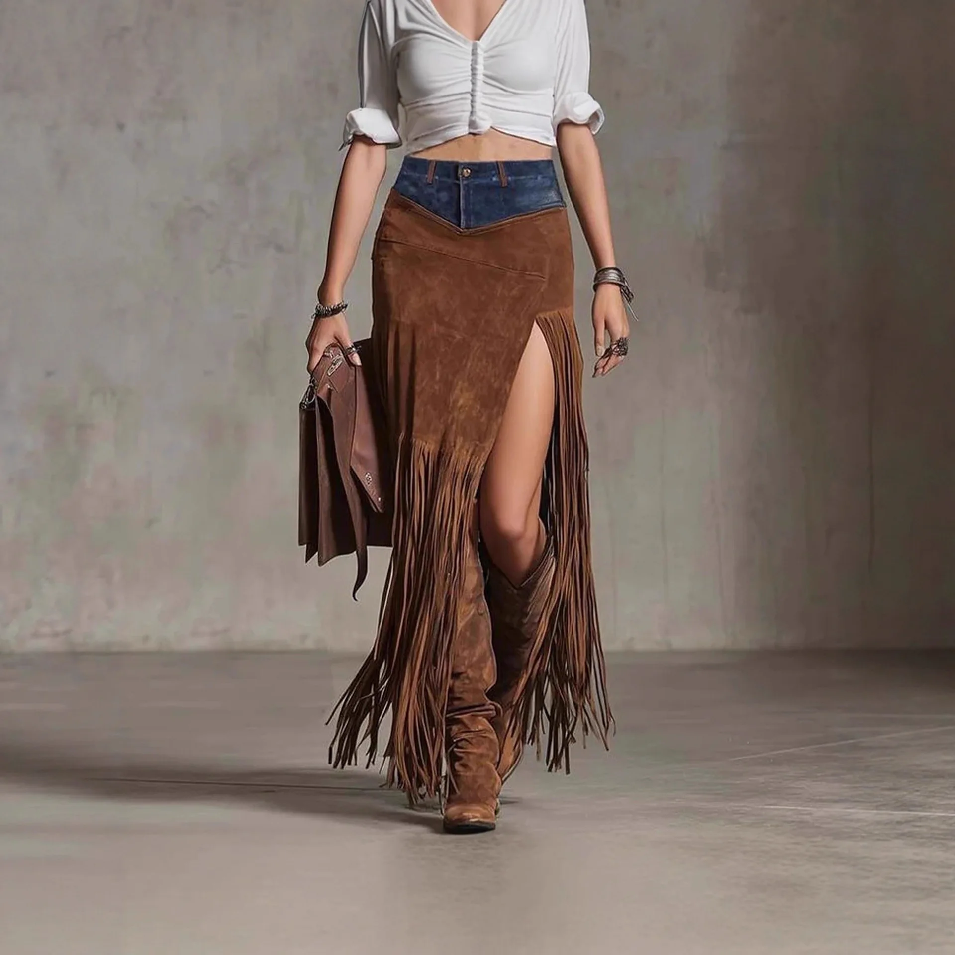

Woman Suede Skirt Women High Waist Long Skirts for Women Tassel Spliced ​​Denim Hem Irregular Slit Woman's Midi Skirt