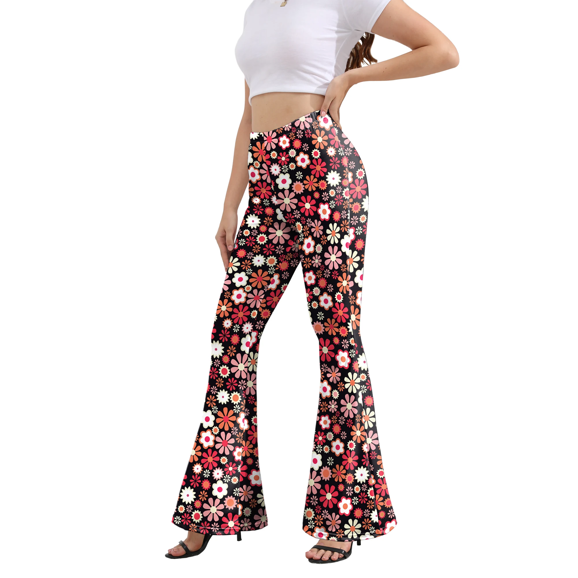 Zawaland Bell Bottoms Women's Pants Fashion High Waist Retro Flower Leggings Clothing Disco Hippie Ladies Flared Trousers