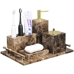 Natural Marble Bathroom Set Deep Brown Luxury Toothbrush Holder  Soap Dish Lotion bottle Tissue box Soap Dispenser Bathroom