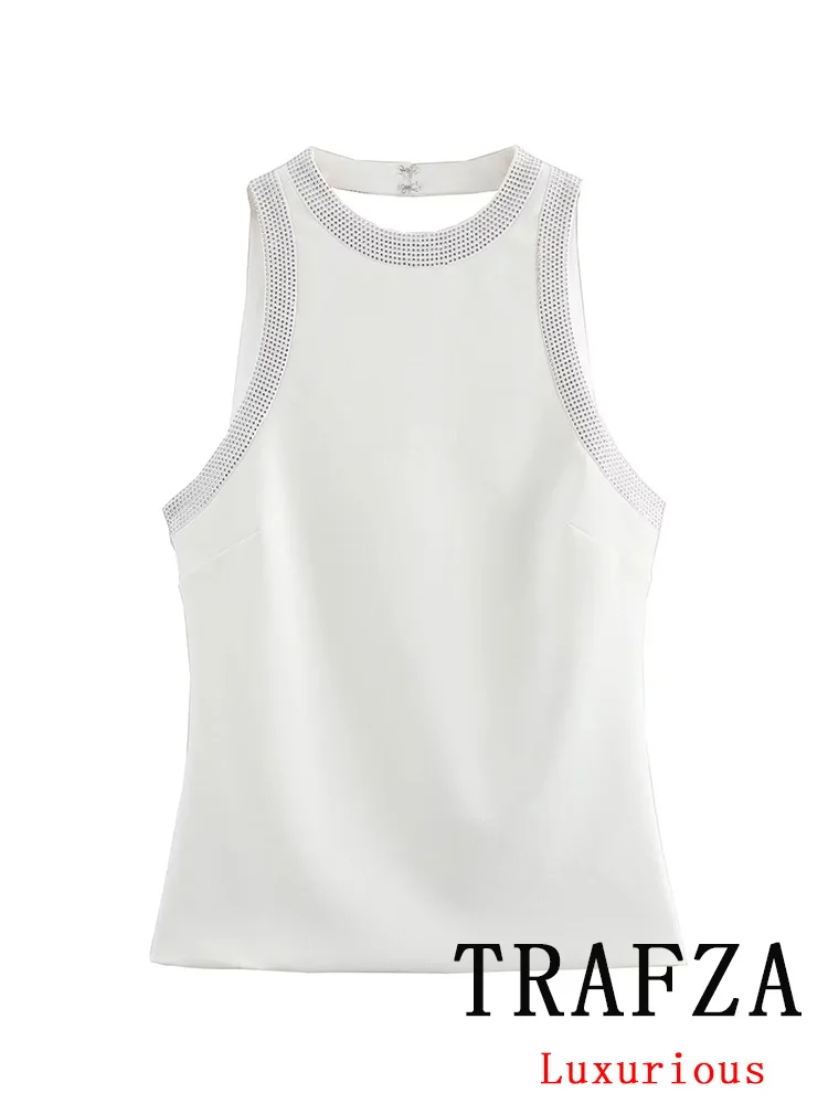 TRAFZA Vintage Casual Chic Women Top White Solid O-Neck Sleeveless Backless Straight Vest New Fashion 2024 Summer Female Tops