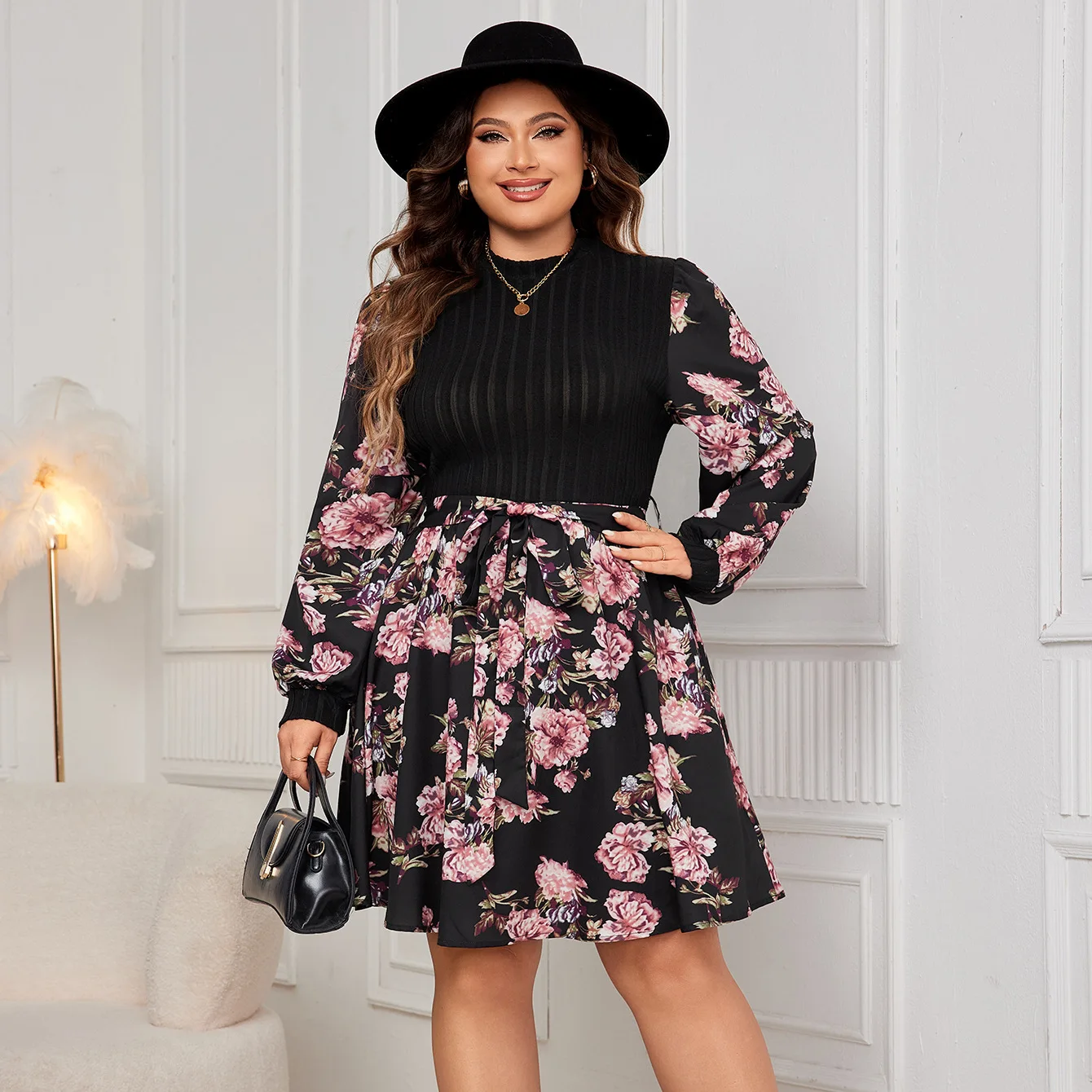 Women's Mid Calf Dress Bohemian Style Black Floral Clothing for Women Dress Long Sleeve Spring Autumn Winter