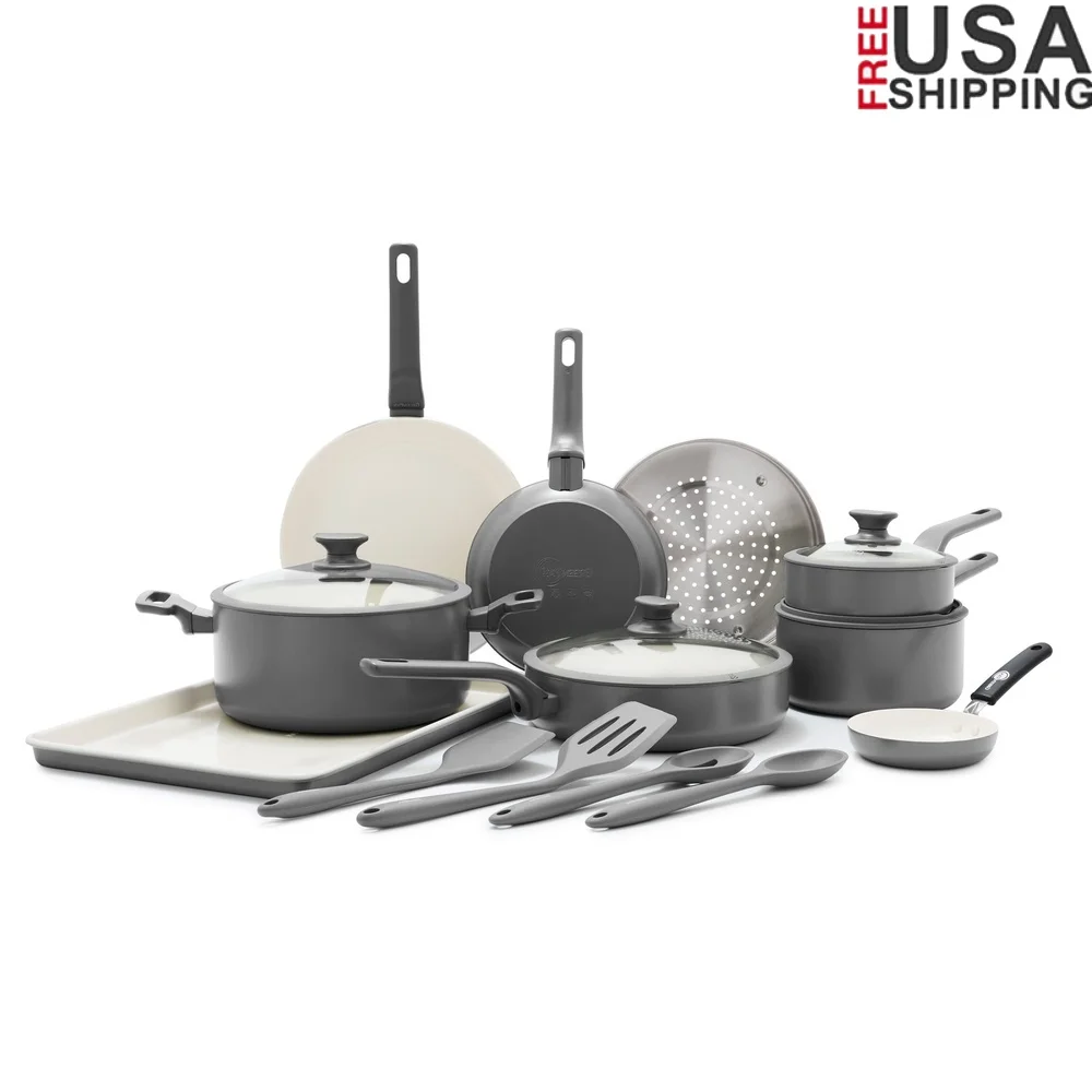 

17-Piece Nonstick Ceramic Cookware Set Quick-Heating Aluminum Sauté Pan Glass Lids Silicone Tools Dishwasher Safe Cookware