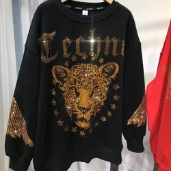 Oversized Letter Leopard Diamonds Hoodies Women Pullovers Autumn Winter Sweater Fashion Streetwear Loose Casual Jumper Tops