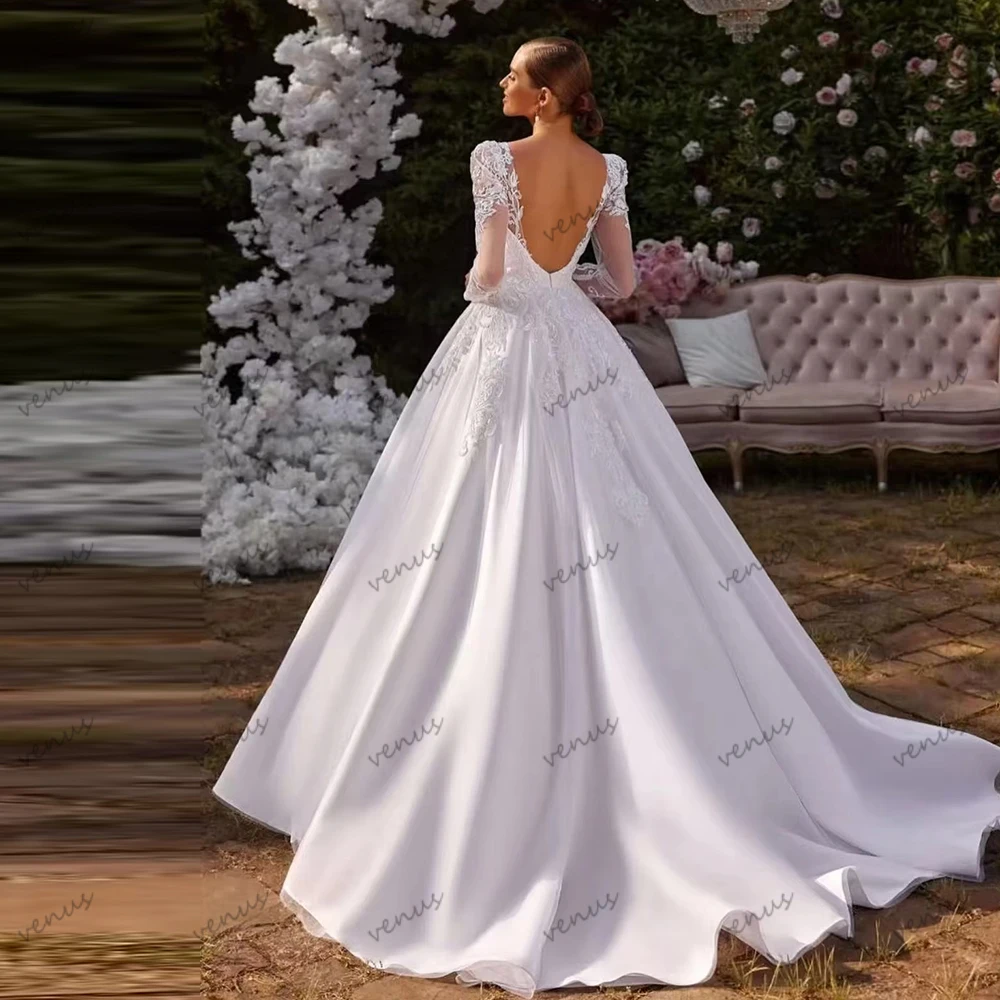 Exquisite Wedding Dresses A Line Satin Bridal Gowns Lace Appliques Full Sleeves Robes Backless Vestidos De Novia Customized 2026
