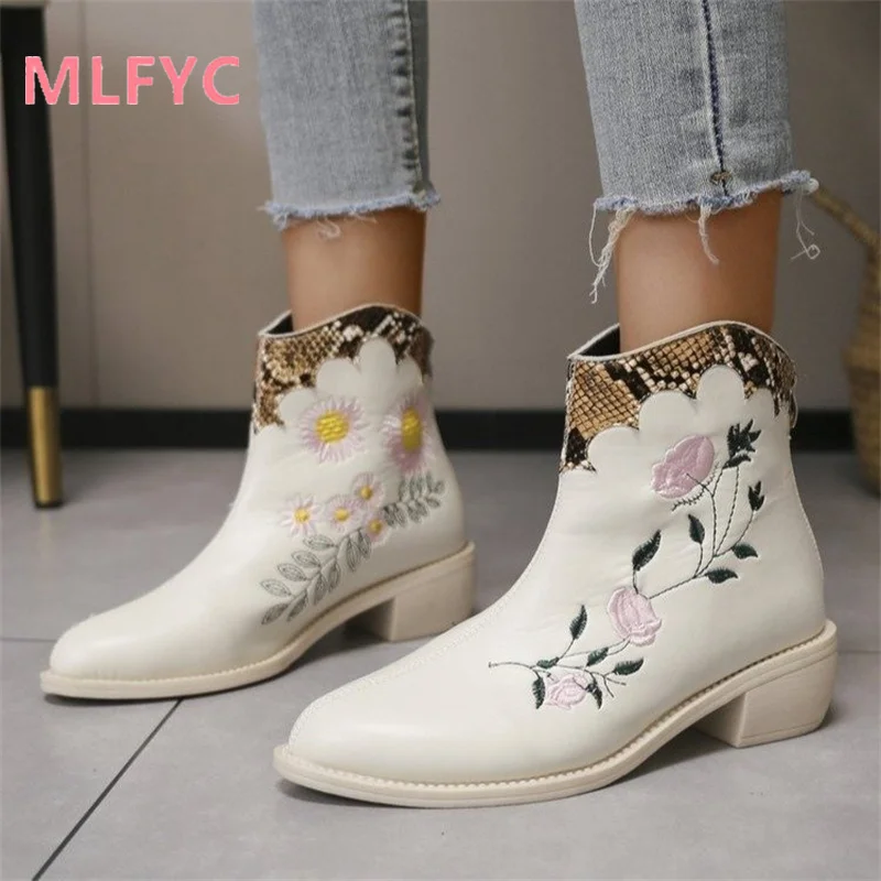 Thick heeled short boots for women spring and autumn single boots ethnic style short boots for women large round toe comfortable