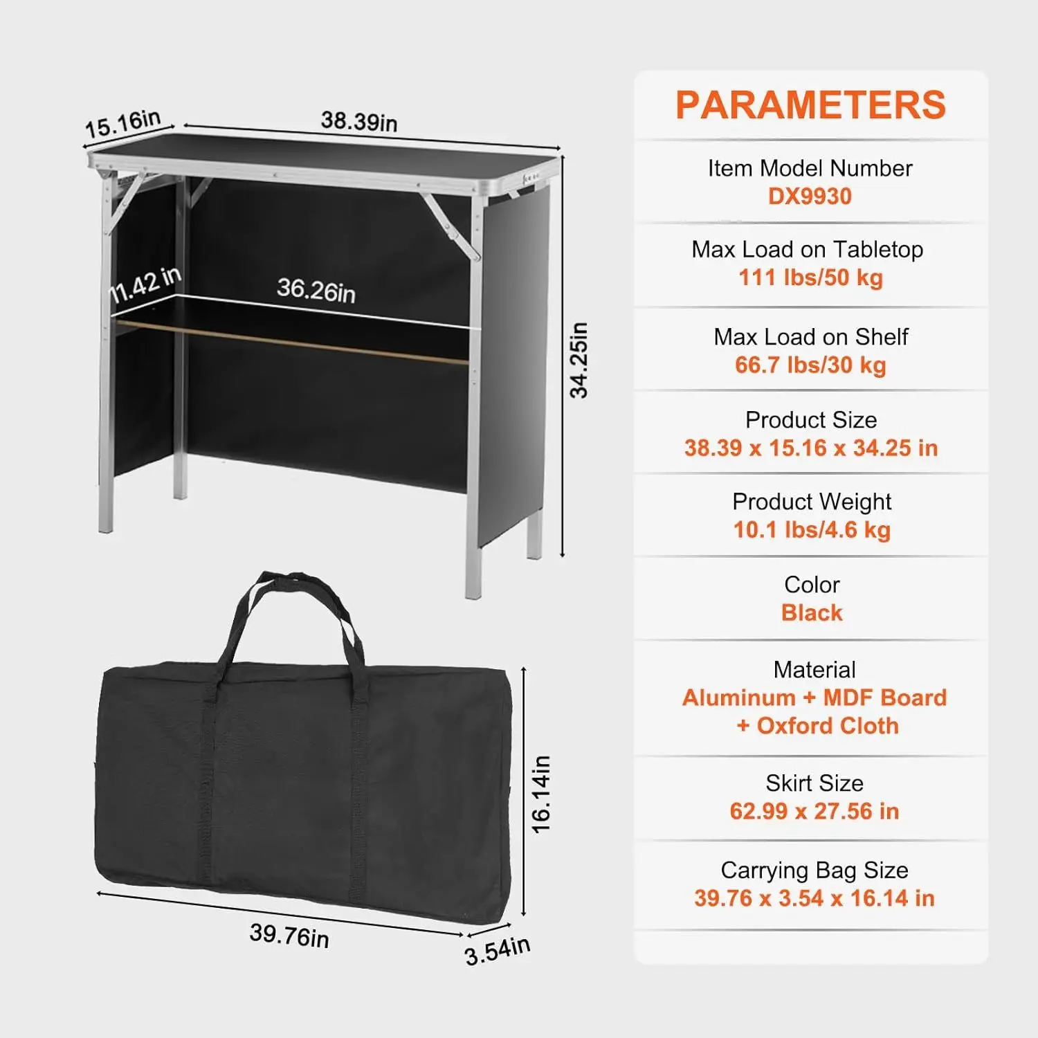Single-layer 8mm panel rectangular outdoor service table, lightweight aluminum folding bar 30kg load-bearing, portable 39.4 X