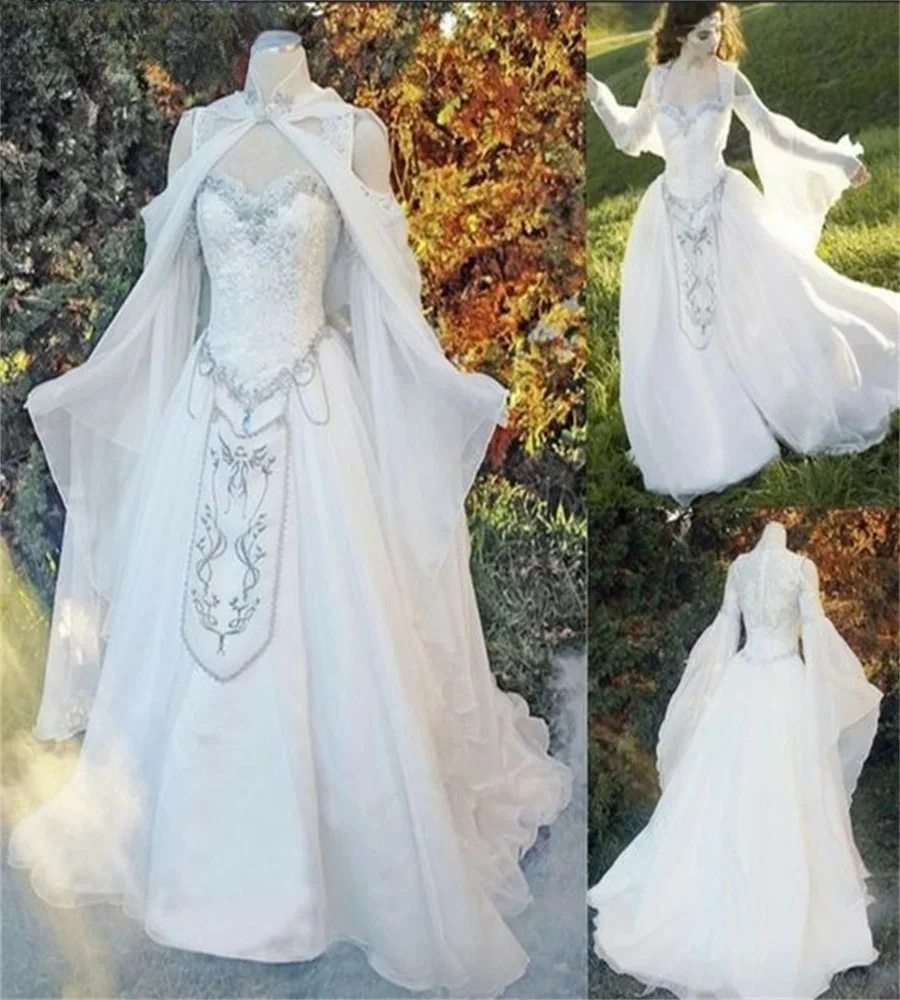 Vintage Hochzeitskleid Weiß Gotisch Märchenhaft Mittelalterliche Ästhetik Brautkleider Spitze Stickerei Wicca-Stil