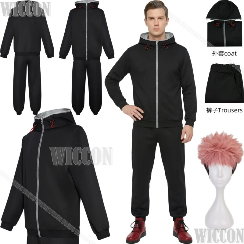 Disfraz de Cosplay de Yuji Itadori del Anime The Culling Shimetsuu Kaiyuuu, Uniforme Negro, Ropa para Hombre, Peluca Rosa, Halloween, Navidad, Carnaval