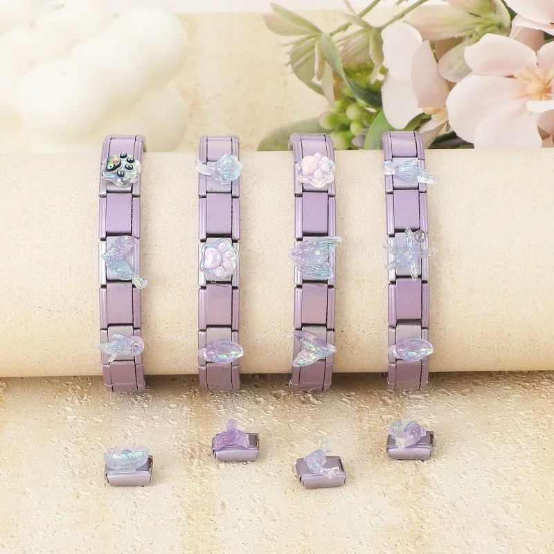 Y2K Dreaming Purple Series Charm Bow Butterfly Jellyfish Cat Paw Beads Fit 9MM Stainless Steel Bracelet Jewelry Women DIY Making