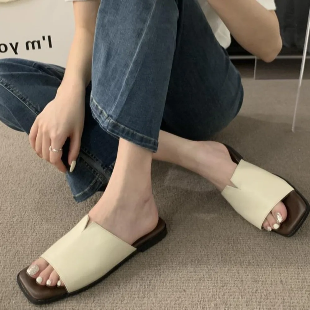 

PVC Flat Soled Slippers Black White Khaki Korean Style Slides Sandals Women Solid Color Anti Slip Outer Wear Shoes Lady