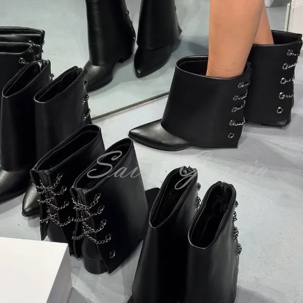 

Back Leather Metal Chain Fold Over Ankle Boots Women Pointy Toe Low Heel Solid Color Party Dress Boot Ladies Short Boot
