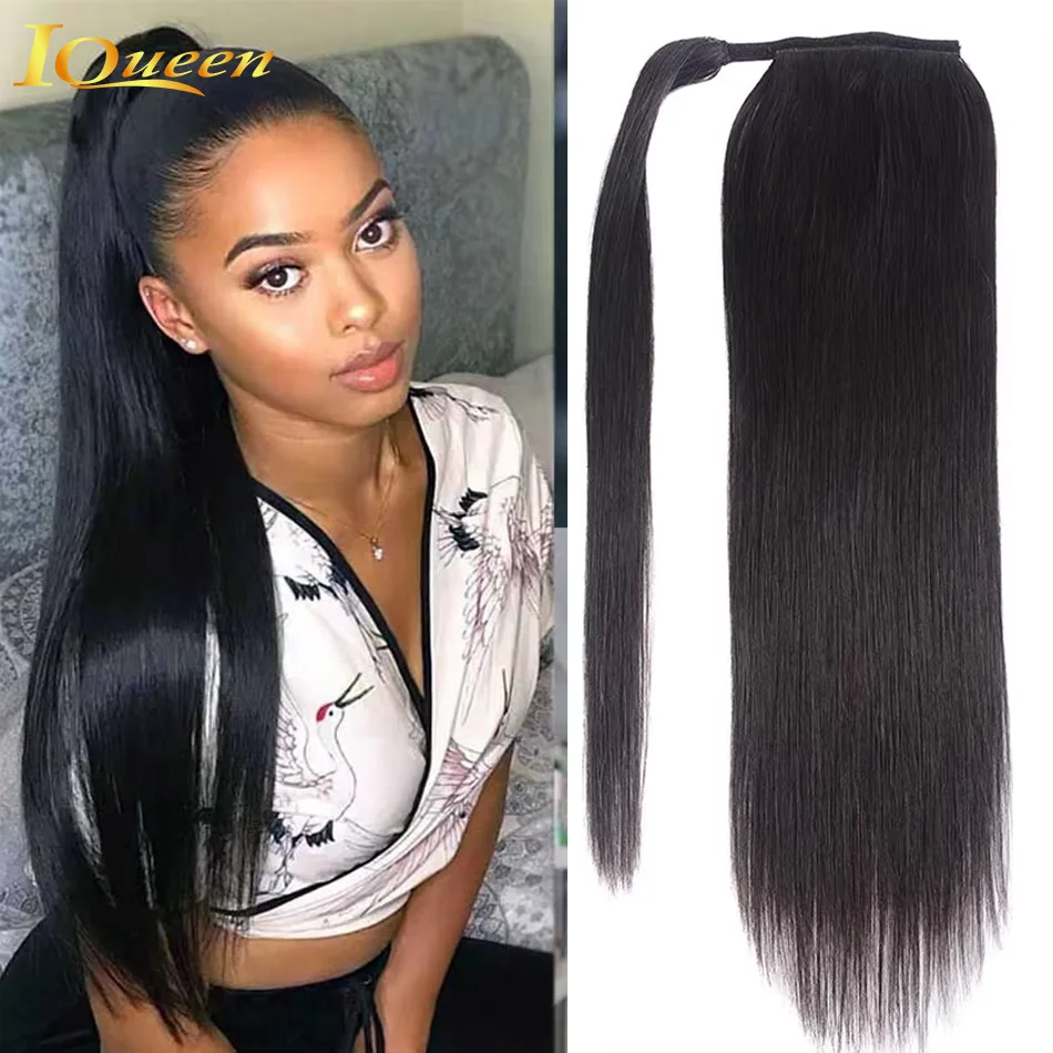 

Long Hair Ponytails Straight Human Hair Wrap Around Ponytail Natural Color Remy Hair Clip in Ponytail Extension for Women