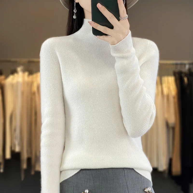 100% Merino Wool Women's Sweater Slim-fit Long-sleeves Half height collar Fashion Pullover Tops Female Sexy-body