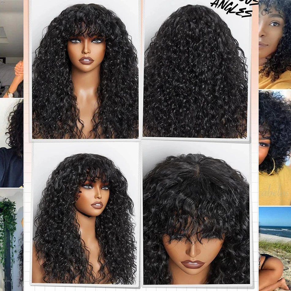 Loose Water Wave Wig With Bangs Curly Human Hair Wigs For Women Brazilian Natural Cheap Full Machine Made Wigs 30 Inch Long Wig image 4
