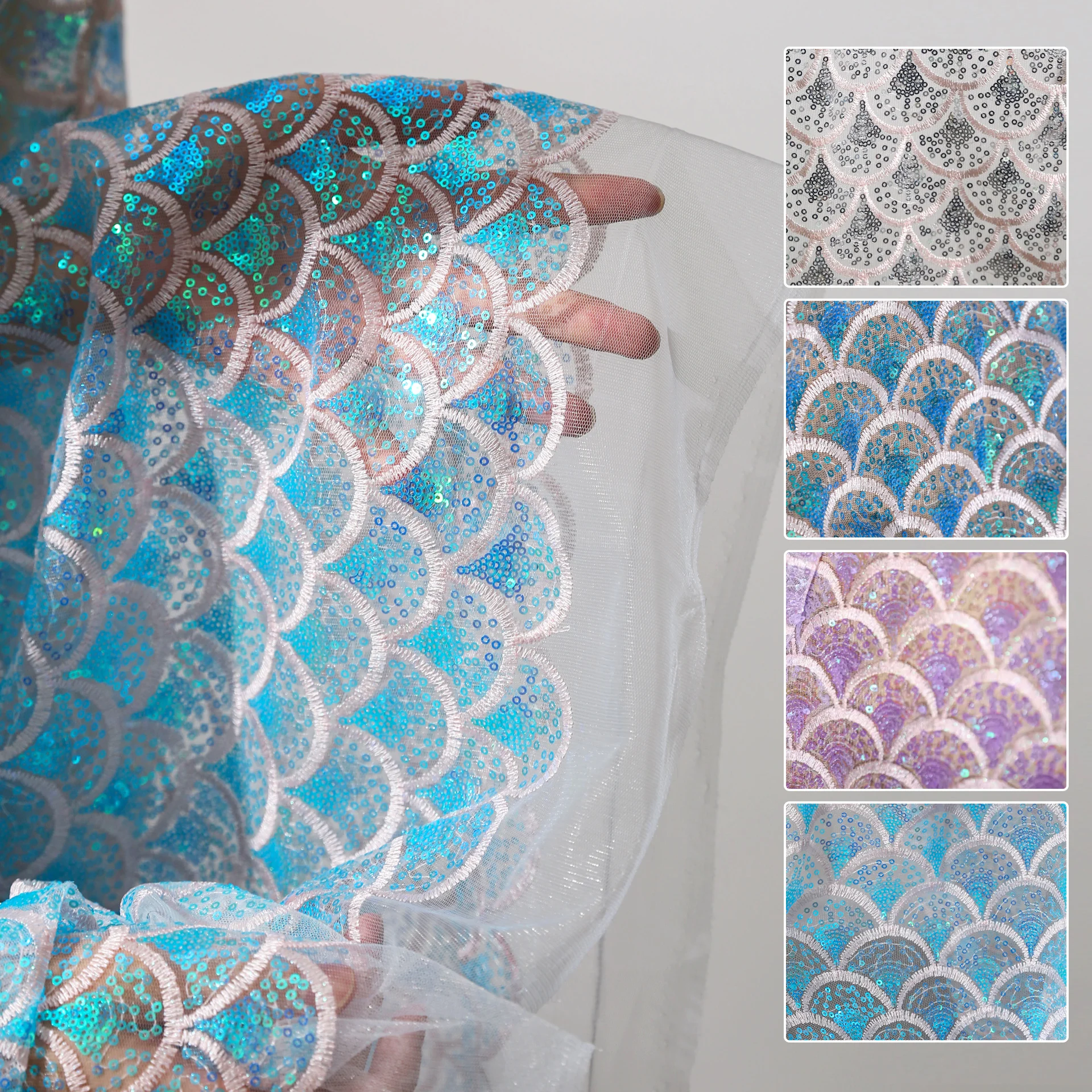 

Лазерная гравировка, блестки, океанская русалка, чешуя, градиентная вышивка, сетчатая ткань для DIY платья, костюм для выступлений, дизайнерская ткань