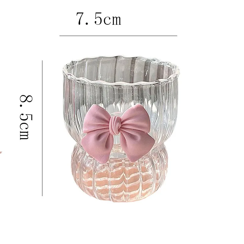 Clear Glass Coffee Mug Bow Decoration Water Cup Delicate Striped Glass Breakfast Milk Oatmeal Mug Afternoon Tea Flower Tea Cup