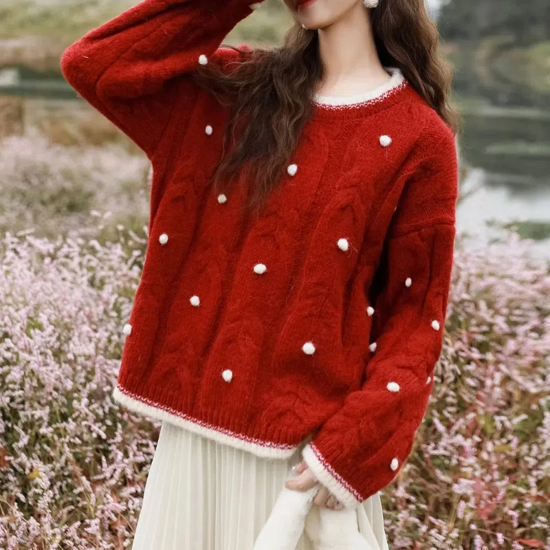 Office Lady Solid Color Women\'s Clothing Pullover Sweater Knitted Round Neck Screw Thread Long Sleeve Elegant Autumn Winter Tops