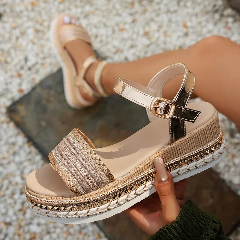 

Women's Shoes Platform Wedgs Sandals Women Summer Woven Rivets Thick Bottom Sandles Woman Fashion Crystal Ankle Buckle Sandalias