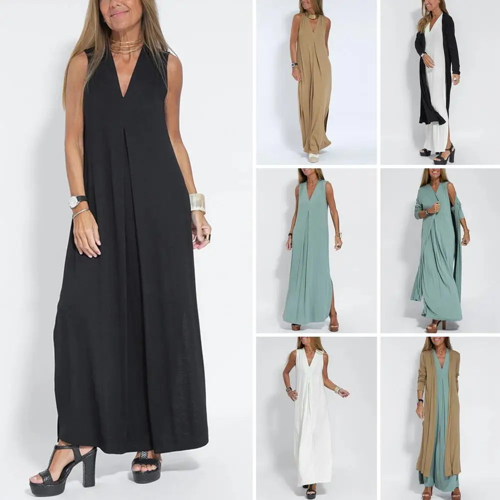 Women Vest Dress Coat Sleeveless Solid Color Loose Long Sleeve Cardigan Ankle Length V Neck Maxi Dress Simple Style Split Coat