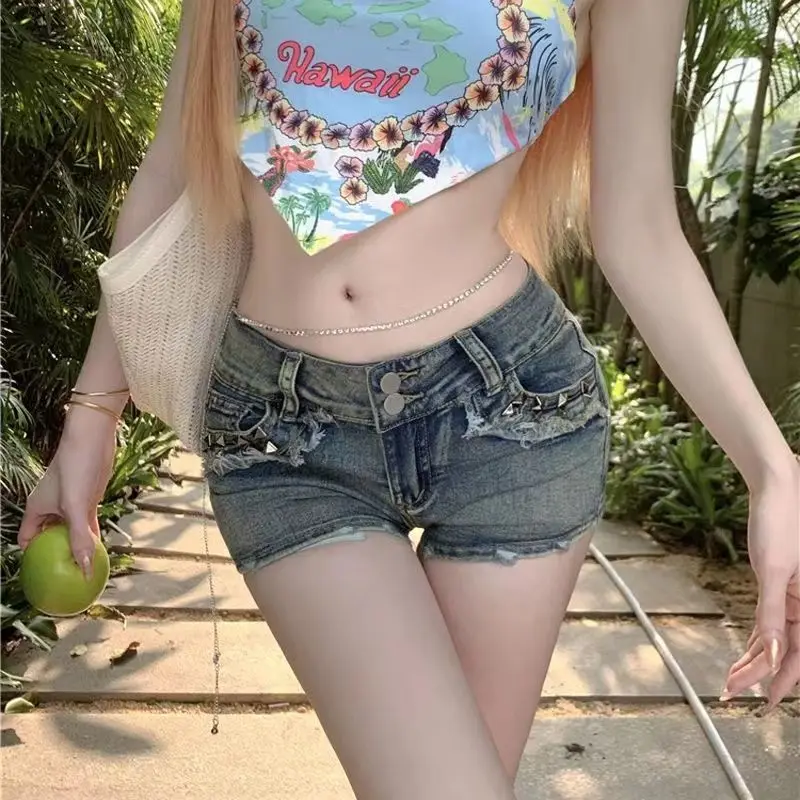 

Шорты женские винтажные потертые модные джинсовые корейский стиль уличная одежда облегающие заклепки летний ночной клуб универсальные ретро карманы Y2k