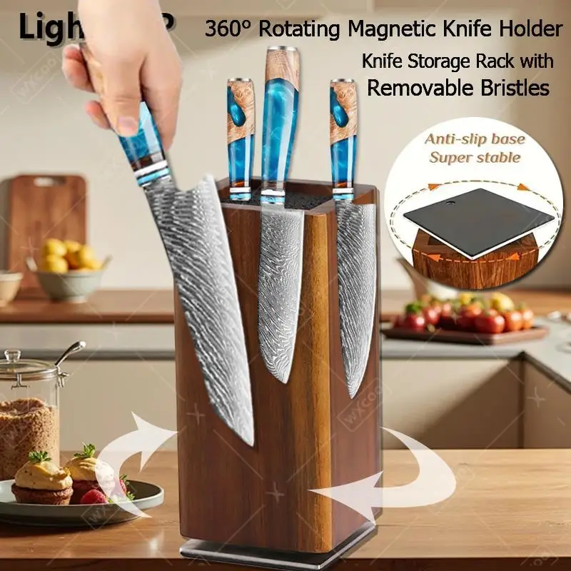 

Магнитный держатель для ножей, компактный для кухонной стойки, подставка для ножей из дерева акации, 360° ° Вращающаяся магнитная стойка для ножей