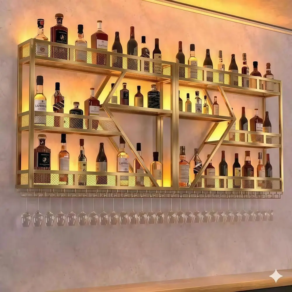 

Wall Mounted Liquor Shelves with LED Lights, Industrial Metal Wall Bar Rack with Wine Glass Holder, Large Bottle Display Shelf