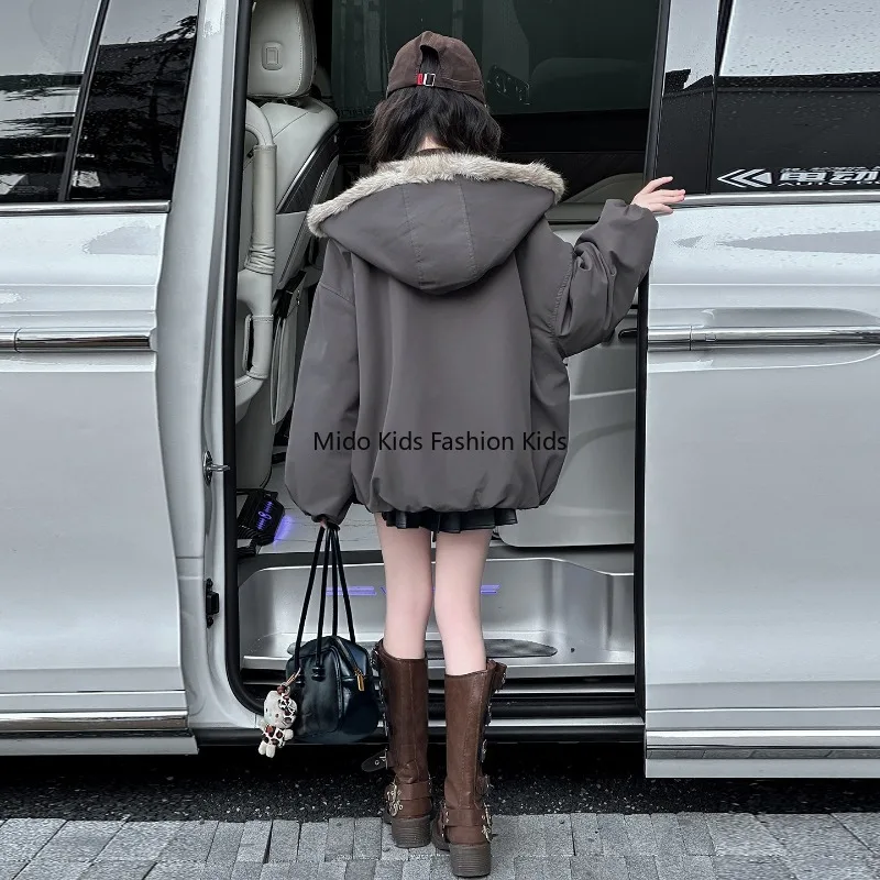 Girls Faux Fur Winter Coat Reversible Thickened Fleece Lined Jacket Kids Warm Outerwear