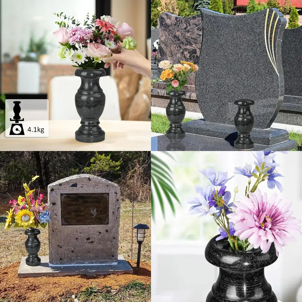 

Natural Granite Flower Vases with Drainage for Cemetery Memorials, Home Tabletop, and Gravestone Decorations (Set of 2, 10 Inche