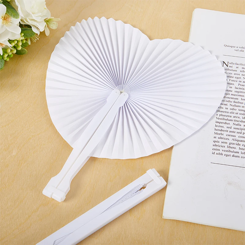 White Folding Paper Fans Heart Shaped Assortment with Plastic Handle for DIY Wedding Favor Party Bag Filler