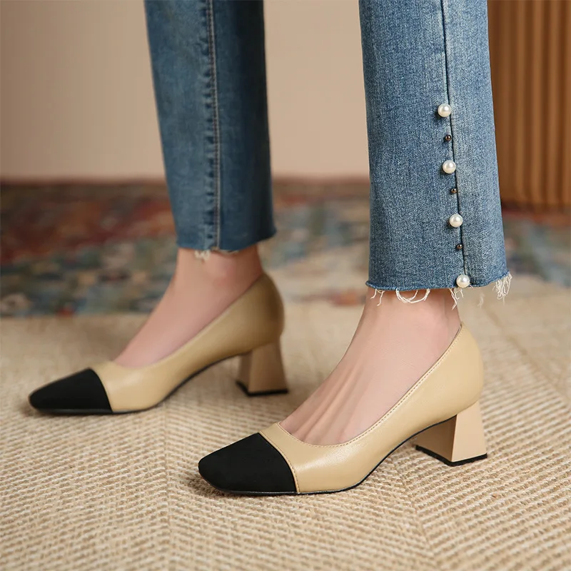 

French Style Glossy Leather Patchwork Color Pumps Women Shallow Slip On Zapatos Para Chunky High Heels Office Lady Shoe Comfort