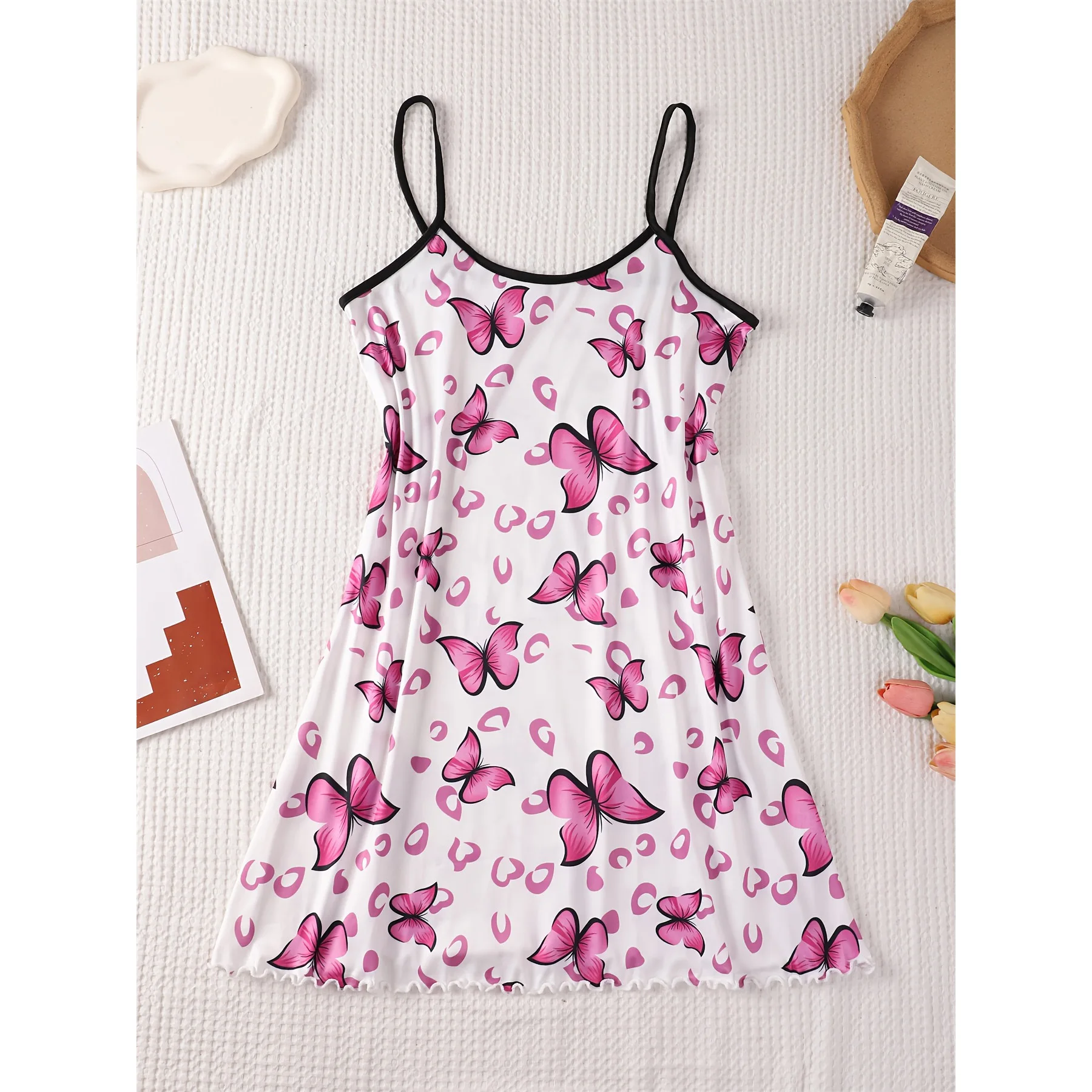 Women Sweet and Cute Butterfly Print Straps Pajama Sleepwear Loungewear Soft Cotton Homewear Summer Nightwear