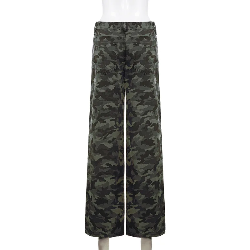 Stsss americano high street camuflagem impressão jeans feminino casual baixo aumento em linha reta perna larga calças jeans outono vintage