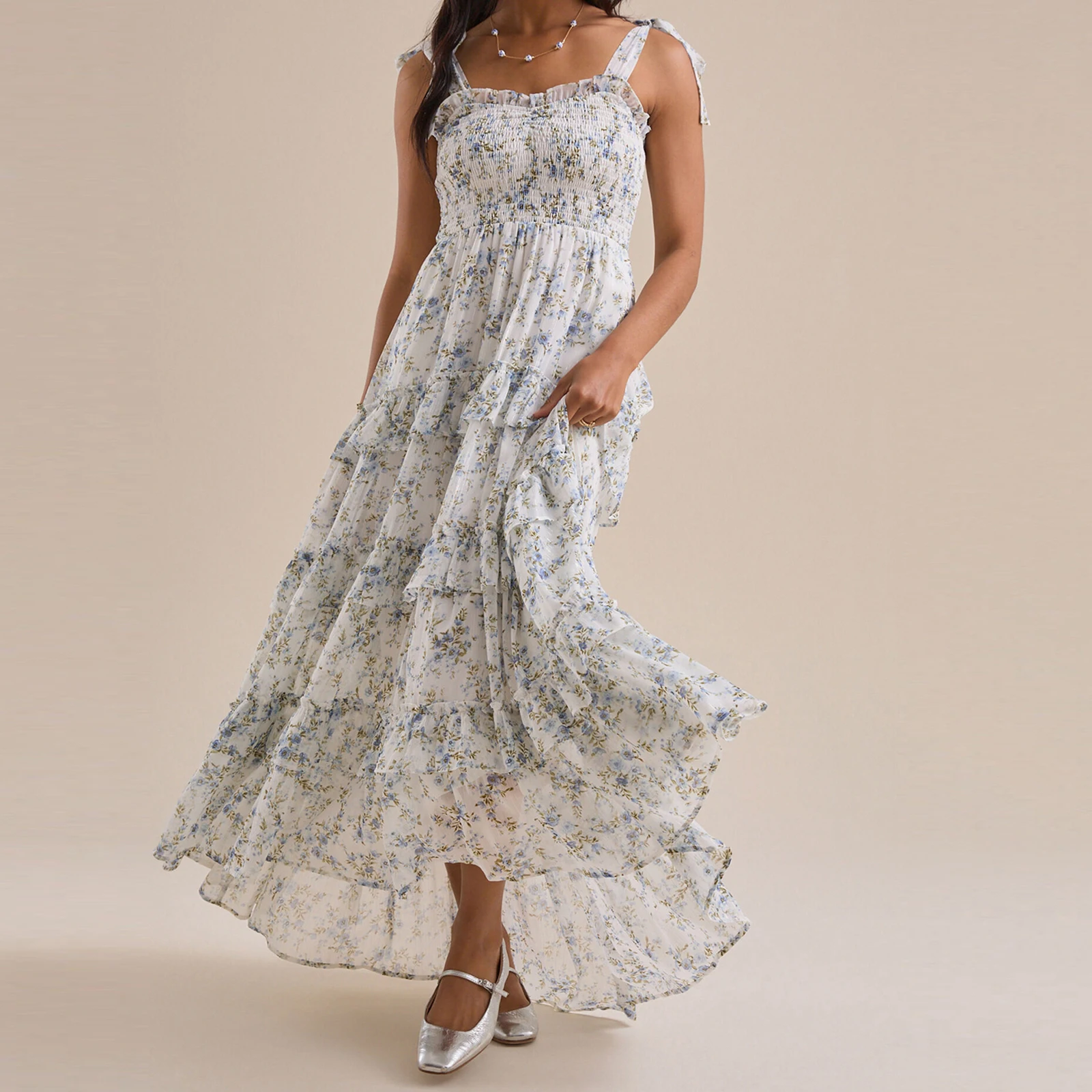 Combhasaki Abito da donna con stampa floreale multistrato con volant e finiture smock senza maniche, spalline con lacci, abito lungo a trapezio fluido