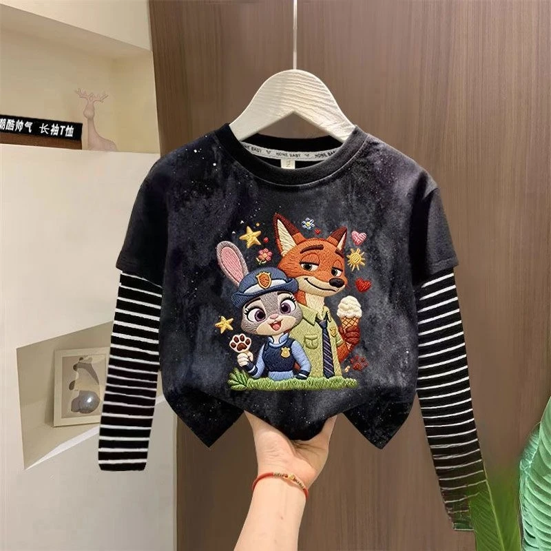 

Crazy Animal City Children's Cotton Long Sleeve Boys and Girls Splicing Striped Top Fashion Tie-Dye Printing Fake Two Pieces T