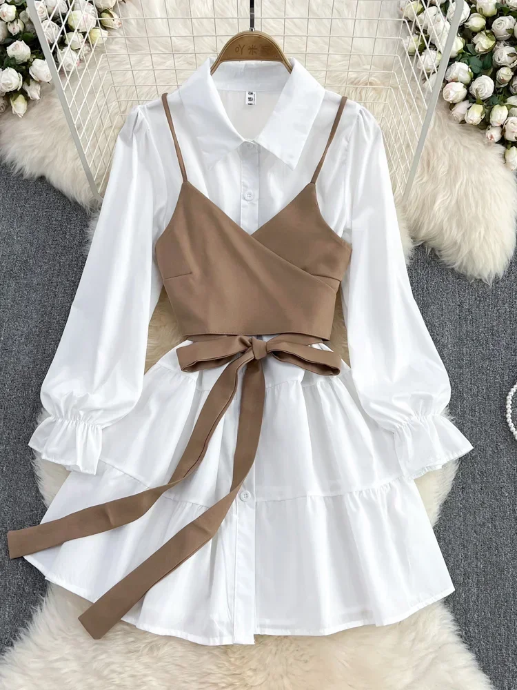 Spring Autumn New Fashion Casual Suit Female Korean Loose White Shirt Dress Slim Vest Dress Two-piece Set GD786