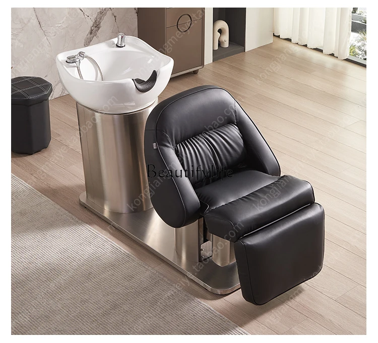 High-End Lying Half Ceramic Basin Electric Lifting Flushing Bed Barber Shop Shampoo Chair for Hair Salon