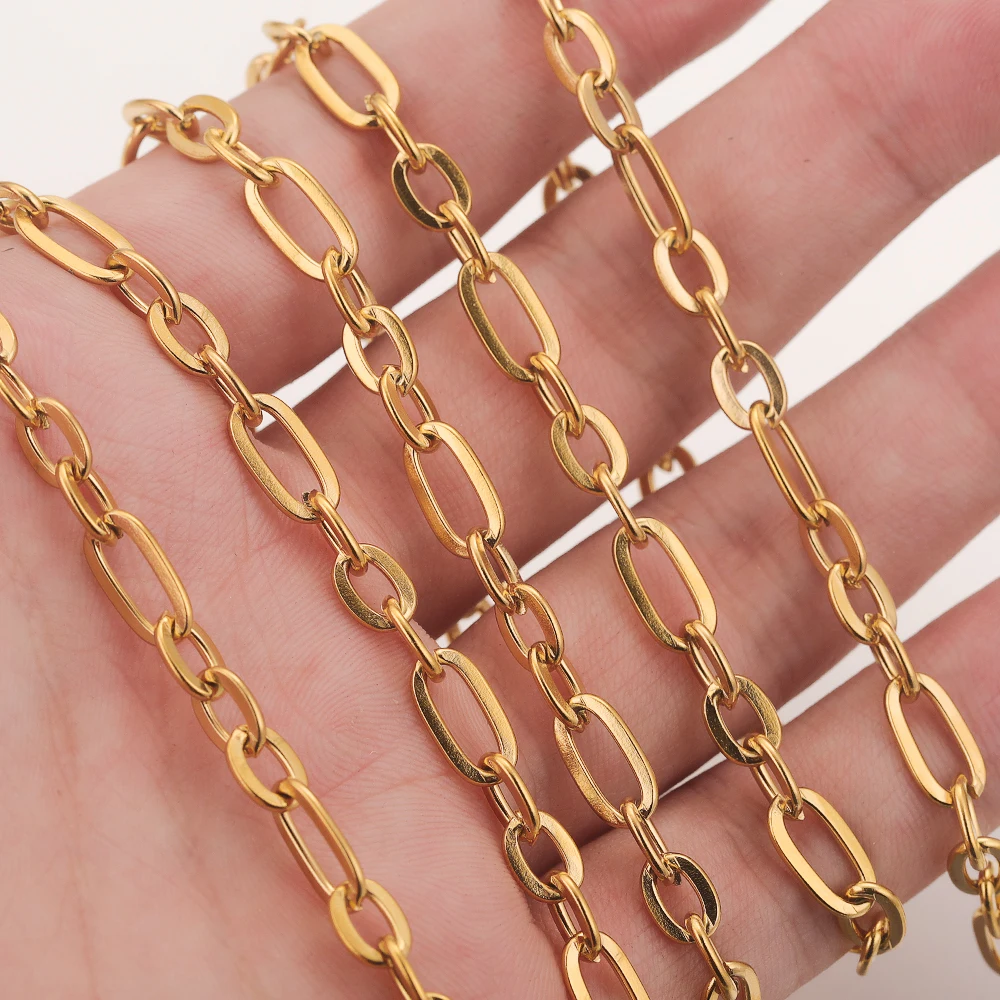 1Meter 5mm Stainless Steel Chain Gold Plated PVD Roll Flat O Type NK 1:3 Cuban for DIY Bracelet Necklace Jewelry Making Supplies