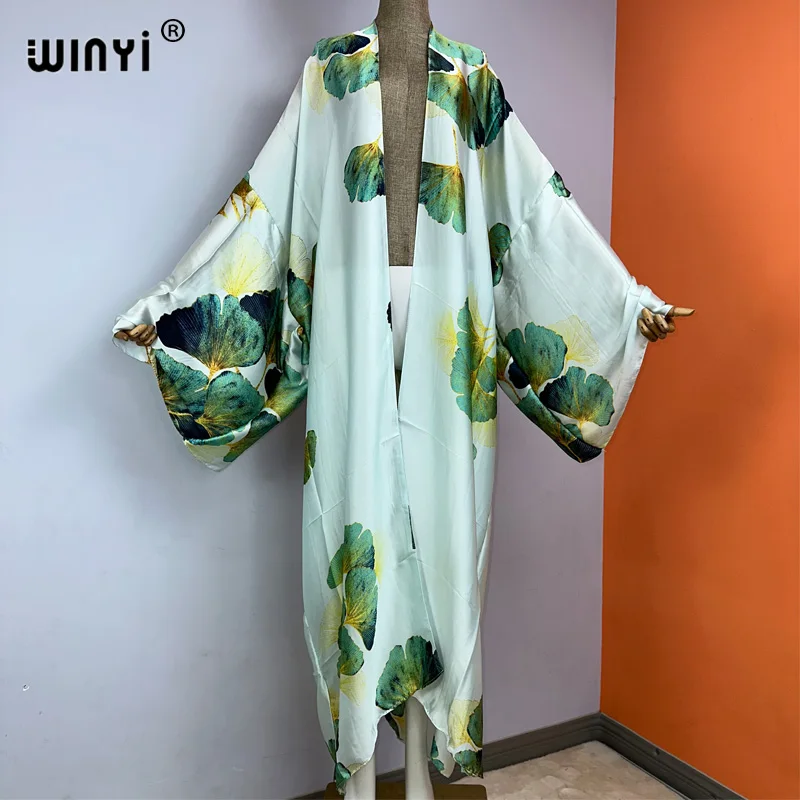 WINYI nowy moda artystyczna drukowane długie Kimono sukienka 2023 lato odzież kobiety wakacje plaża nosić narzuta na strój kąpielowy kaftan