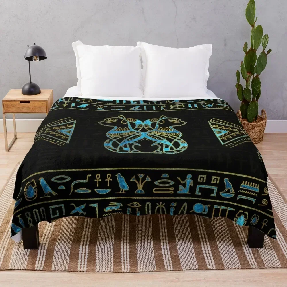 

Egyptian Cats Gold and blue stained glass Throw Blanket Plush Fuzzy Cozy Blanket for Couch Sofa