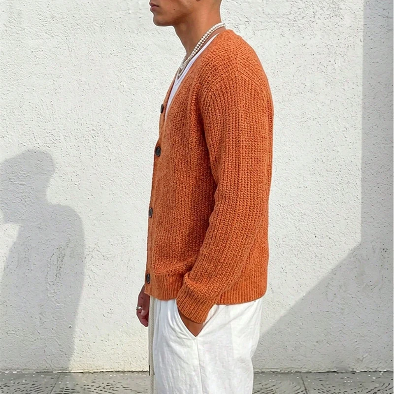 2026 Fall New Casual Mens Solid Color Sweaters Vintage V Neck Button-up Cardigan Tops Men Fashion Long Sleeve Slim Knit Jacket