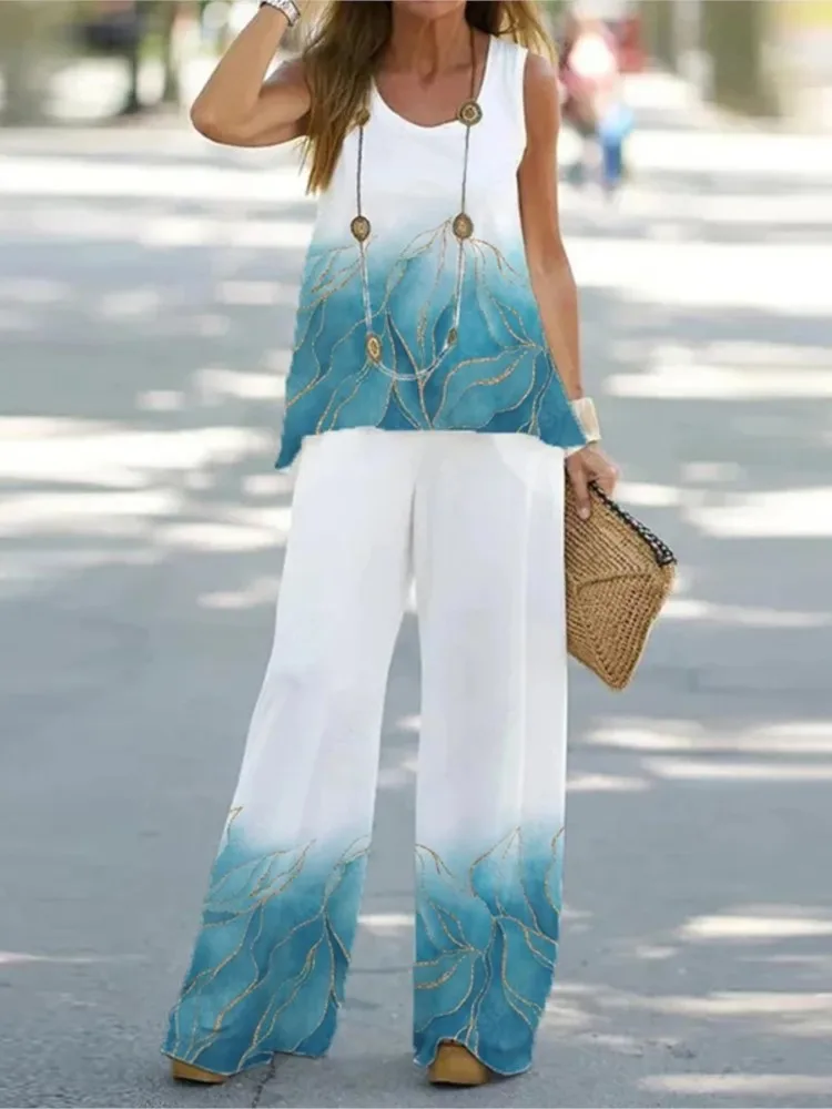2026 Summer Casual Commuter Women's Two Piece Fashion Printed Round Neck Sleeveless Top Loose Wide Leg Pants Bohemia Elegant Set