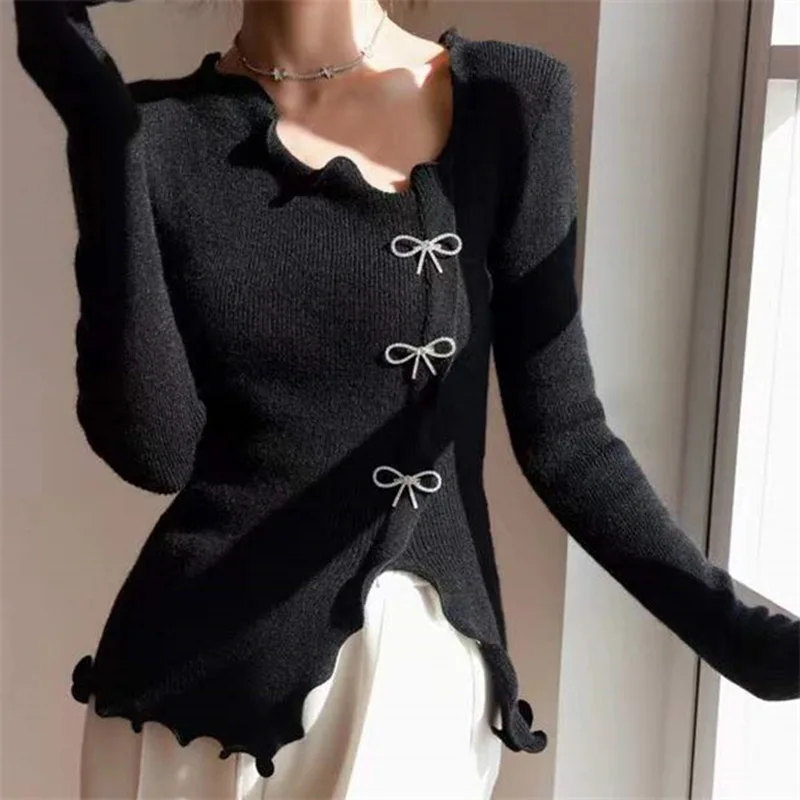 

Thin Slim Sweater 2022 Spring Summer Black Basic Knit Tops Fashion Irregular Diamonds Bows Appliques Split Long Sleeve Shirt