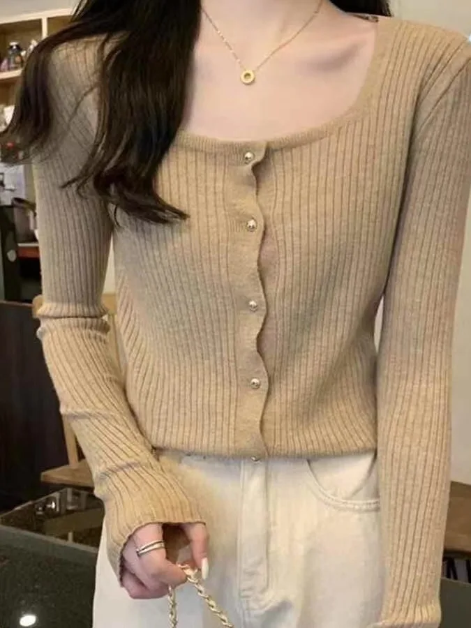 Women's Knitted Sweater Square Collar Open Cardigan Long Sleeve Loose Top Short Style Autumn Outerwear Fashion Spring New