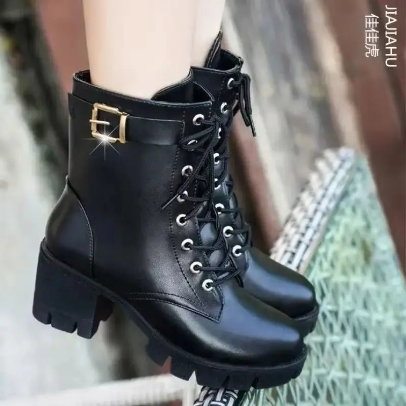 Women's Mid-calf Boots Winter Wool Lined Warm Cotton Boot Quality Leather Boots Women's Snow Boots Thick Heeled Platform Booties